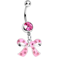 Load image into Gallery viewer, Pink Gem Polka Dotted Girly Bow Dangle Belly Ring