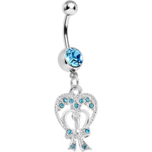 Load image into Gallery viewer, Aqua Gem Love Tied in a Bow Heart Dangle Belly Ring