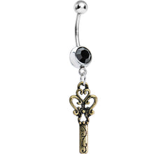 Load image into Gallery viewer, Black Gem Antiqued Bronze Scrolls and Heart Dangle Belly Ring