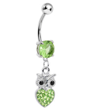 Load image into Gallery viewer, Light Green Gem and Paved Heart For the Love of Owls Dangle Belly Ring