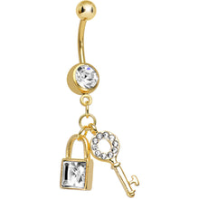 Load image into Gallery viewer, Crystalline Gem Gold Plated Blingy Lock and Key Dangle Belly Ring
