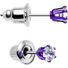 Load image into Gallery viewer, 3mm Neon Purple Round Clear CZ Stud Earrings