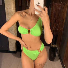 Load image into Gallery viewer, Modern Design Bikini Set One Shoulder Women's Swimsuits High Waist Bright Color Swimwear Women Rings Ribbed Bikinis Women's Ribbed O-Ring String Bikini Swimsuit Comfortable Swimwear