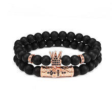 Load image into Gallery viewer, Lava Stone Combination Cubic Zircon Beads Bracelet Natural Red Tiger Eye Black Matte Onyx Stone Crown King Beads Bracelet For Men Women Fashion Charm Zircon Head Elastic Adjustable Bracelet Set Luxury Design
