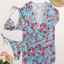 Load image into Gallery viewer, Bikini European Style Floral Print 3 Piece Swimsuit Set for Women – Sexy V Neck Bikini with Cross Strap Detail and Matching Long Sleeve Cover-Up – High Stretch Trendy Swimwear for Summer Beach Vacations Resort Looks and Poolside Fashion