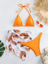 Load image into Gallery viewer, Feather Luxe 3-Piece Bikini Set – Exotic Feather Print Halter Neck Backless Swimsuit with High Cut Tie Back Bottoms and Wrap Cover-Up – Women’s High-Stretch Comfortable Swimwear for Summer Beach & Pool Vacations