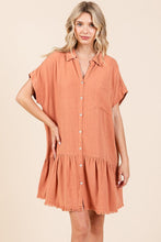 Load image into Gallery viewer, Linen Blend Button Down Shirt Mini Dress For Women – Casual, Classic Button-Down Design with Raw Hem and Tiered Detail