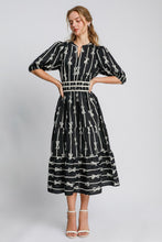 Load image into Gallery viewer, Bow Tie Print Notched Contrast Velvet Trim Midi Dress–Elegant Bow Tie Print, Modern Notched Neckline, Luxurious Velvet Trim, Sophisticated Midi Dress for Special Events