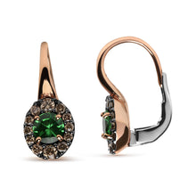 Load image into Gallery viewer, 18K Rose and White Gold 3/8 Cttw Round Brown Diamonds and Round Green Tsavorite Gemstone Halo Drop Hoop Earrings (Brown Color, SI1-SI2 Clarity)