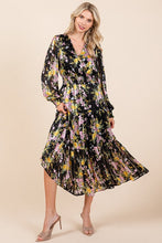 Load image into Gallery viewer, Flower Print Satin Lurex Stripe Smocked Midi Dress For Summer – Elegant and Sparkling Floral Dress with Tiered Design