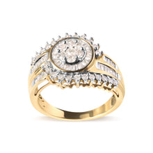 Load image into Gallery viewer, 10K Yellow Gold 1 Cttw Round and Baguette cut Diamond Cluster Swirl Band Ring (H-I Color, I1-I2 Clarity) - Ring Size 7