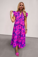 Load image into Gallery viewer, Full Size Ruffled Printed Sleeve Midi Dress Elegant & Beautiful Design Red-Violet Dress