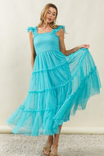Load image into Gallery viewer, Frill Mesh Tiered Midi Dress For Women โ Fluttering, Elegant, Romantic Frill Design with Mesh Details for a Feminine Silhouette