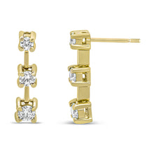 Load image into Gallery viewer, 14K Yellow Gold 1/2 Cttw Round Diamond 3 Stone Graduated Linear Drop Past, Present and Future Stud Earrings (H-I Color, SI1-SI2 Clarity)