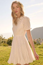 Load image into Gallery viewer, Eyelet Round Neck Puff Sleeve Mini Dress–Cute, Elegant, Feminine and Chic Mini Dress with Romantic Puff Sleeves and Delicate Eyelet Design