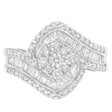Load image into Gallery viewer, 14K White Gold 1 Cttw Baguette and Round Diamond Floral Swirl Cluster Cocktail Ring