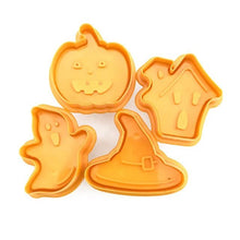 Load image into Gallery viewer, 4pcs Halloween Cookie Plunger Cutter 3D Baking Mold Cookie Stamp Biscuit Mold Fondant Cake Decorating Tools Halloween Cookie Cutters Set Fondant Stamper Pastry Cutter Haunted House Hat Ghost Pumpkin Kitchen Molds
