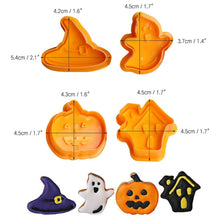 Load image into Gallery viewer, 4pcs Halloween Cookie Plunger Cutter 3D Baking Mold Cookie Stamp Biscuit Mold Fondant Cake Decorating Tools Halloween Cookie Cutters Set Fondant Stamper Pastry Cutter Haunted House Hat Ghost Pumpkin Kitchen Molds