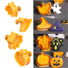 Load image into Gallery viewer, 4pcs Halloween Cookie Plunger Cutter 3D Baking Mold Cookie Stamp Biscuit Mold Fondant Cake Decorating Tools Halloween Cookie Cutters Set Fondant Stamper Pastry Cutter Haunted House Hat Ghost Pumpkin Kitchen Molds