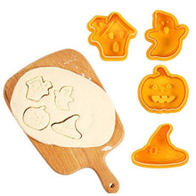 Load image into Gallery viewer, 4pcs Halloween Cookie Plunger Cutter 3D Baking Mold Cookie Stamp Biscuit Mold Fondant Cake Decorating Tools Halloween Cookie Cutters Set Fondant Stamper Pastry Cutter Haunted House Hat Ghost Pumpkin Kitchen Molds