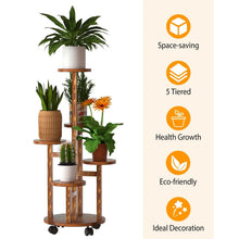 Load image into Gallery viewer, 5-Tier Plant Stand with 4 Detachable Wheels Wooden Plant Pot Rolling Shelf