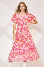 Load image into Gallery viewer, New Summer Floral Notched Puff Sleeve Midi Dress For Women – Fluttering, Elegant Floral Print Midi Dress with Trendy Notched Neckline and Puff Sleeves