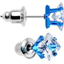 Load image into Gallery viewer, 5mm Neon Blue Square Clear CZ Stud Earrings