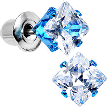 Load image into Gallery viewer, 5mm Neon Blue Square Clear CZ Stud Earrings