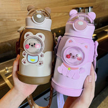 Load image into Gallery viewer, 500ml Stainless Steel Thermal Water Bottle for Children Cute Cartoon Thermos Mug with Straw Leak-Proof Insulated Cup Drinkware Water Bottle for Girls Cute Water Bottles with Straw Portable Leakproof Bear Water Bottle with Adjustable Strap