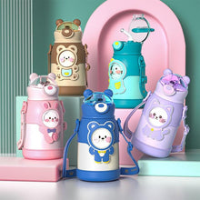 Load image into Gallery viewer, 500ml Stainless Steel Thermal Water Bottle for Children Cute Cartoon Thermos Mug with Straw Leak-Proof Insulated Cup Drinkware Water Bottle for Girls Cute Water Bottles with Straw Portable Leakproof Bear Water Bottle with Adjustable Strap