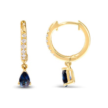 Load image into Gallery viewer, 10K Yellow Gold Pear Blue Sapphire and 1/10 Cttw Diamond Drop and Dangle Huggy Hoop Earrings (H-I Color, I1-I2 Clarity)