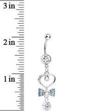 Load image into Gallery viewer, Clear CZ Drop Aqua Gem Bow Half Paved Heart Dangle Belly Ring