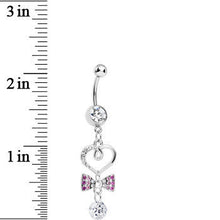 Load image into Gallery viewer, Clear CZ Drop Pink Gem Bow Half Paved Heart Dangle Belly Ring
