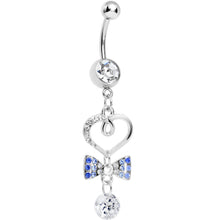 Load image into Gallery viewer, Clear CZ Drop Blue Gem Bow Half Paved Heart Dangle Belly Ring