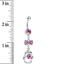 Load image into Gallery viewer, Pink CZ Drop in a Drop and Sparkling Bow Dangle Belly Ring