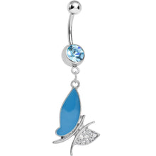 Load image into Gallery viewer, Aqua Gem Blue Wing Nonsymmetrical Butterfly Dangle Belly Ring