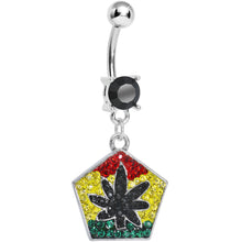 Load image into Gallery viewer, Black Gem Paved Pentagon Rasta Flag Pot Leaf Dangle Belly Ring