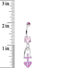 Load image into Gallery viewer, Pink Gem Glitter Cross and Heart Dangle Belly Ring