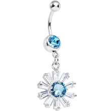 Load image into Gallery viewer, Aqua CZ Clear Crystal Flower Burst Dangle Belly Ring