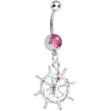 Load image into Gallery viewer, Pink Gem Captain Take the Wheel and Anchor Dangle Belly Ring