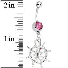 Load image into Gallery viewer, Pink Gem Captain Take the Wheel and Anchor Dangle Belly Ring