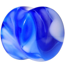 Load image into Gallery viewer, Acrylic Blue and White Marbled Saddle Plug 6G to 1 Inch
