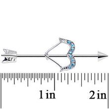 Load image into Gallery viewer, 14G Blue Gem Dazzling Bow and Arrow Industrial Barbell 38mm