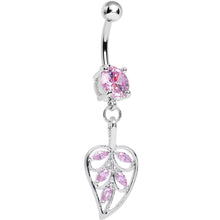 Load image into Gallery viewer, Pink Cubic Zirconia Scroll Pattern Rainforest Leaf Dangle Belly Ring