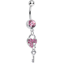 Load image into Gallery viewer, Pink Crystal Unlocking Love Padlock and Key Dangle Belly Ring