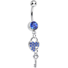 Load image into Gallery viewer, Blue Crystal Unlocking Love Padlock and Key Dangle Belly Ring