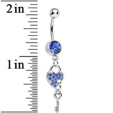Load image into Gallery viewer, Blue Crystal Unlocking Love Padlock and Key Dangle Belly Ring