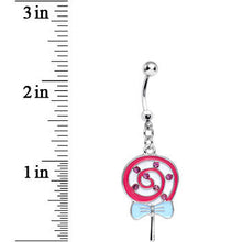 Load image into Gallery viewer, Pink Gem and Pink Swirled Bow Wrapped Lollipop Dangle Belly Ring