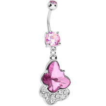 Load image into Gallery viewer, Pink Cubic Zirconia Double Layered Butterfly Dangle Belly Ring
