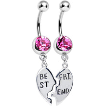 Load image into Gallery viewer, Pink Gem Shared Heart Best Friend Heart Dangle Belly Ring Set